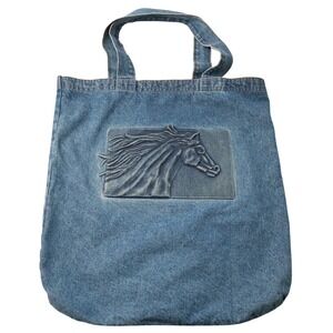 Vintage Tyca Large 3D‎ Embossed Horse Pony Blue Denim Blue Jean Tote Bag USA